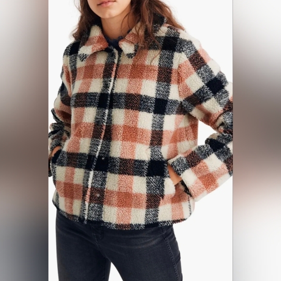Madewell Jackets & Blazers - Madewell Hazlewood Faux Fur Plaid Sherpa Jacket In Black/Coral/Ivory - M